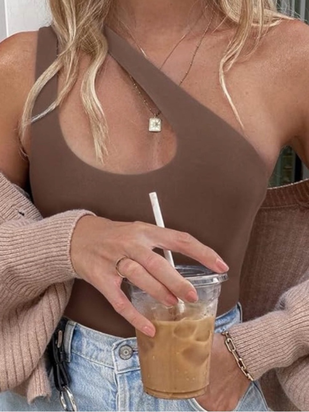 ReoRia Brown Plunge One Shoulder Sleeveless Buttersoft Bodysuit